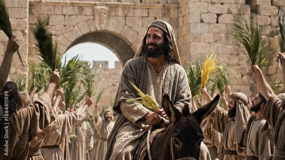 Biblical Scene of Jesus Christ Riding Donkey Entering Jerusalem City ...
