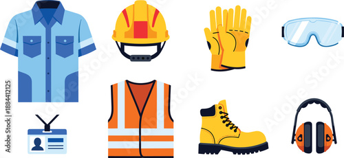 Collection of construction worker safety gear and uniform safety helmet hard hat