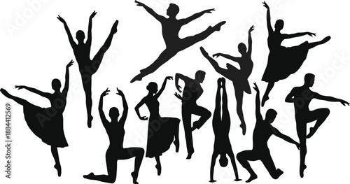 Ballet dancers silhouettes collection showing graceful jumps poses and movements, black vector people set isolated on white background for dance, art, fitness and design projects