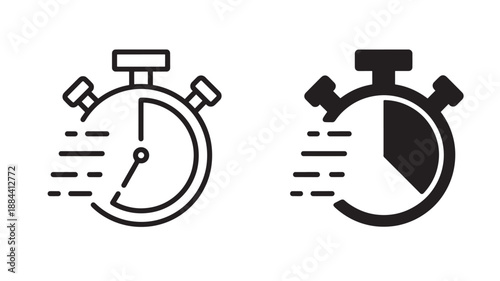 Two stopwatch icons one outlined and one filled on transparent background silhouette
