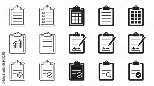 Collection of clipboard icons in various designs on transparent background silhouette