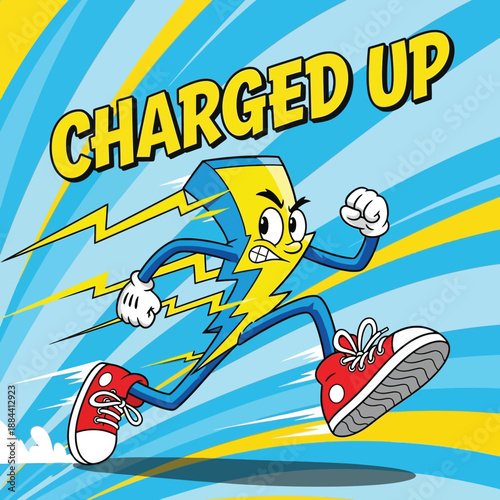 Charged Up Running Lightning Bolt Cartoon Character with Sneakers - Dynamic Energy Speed Mascot Vector Illustration