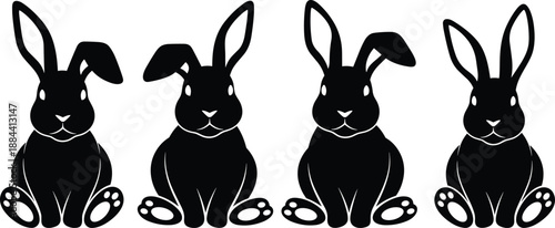Four black rabbits sitting in a row white background 1