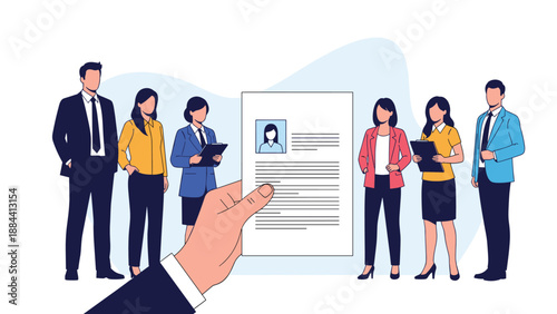 Large hand holding a job application resume in front of a diverse group of professional candidates waiting for an interview.
