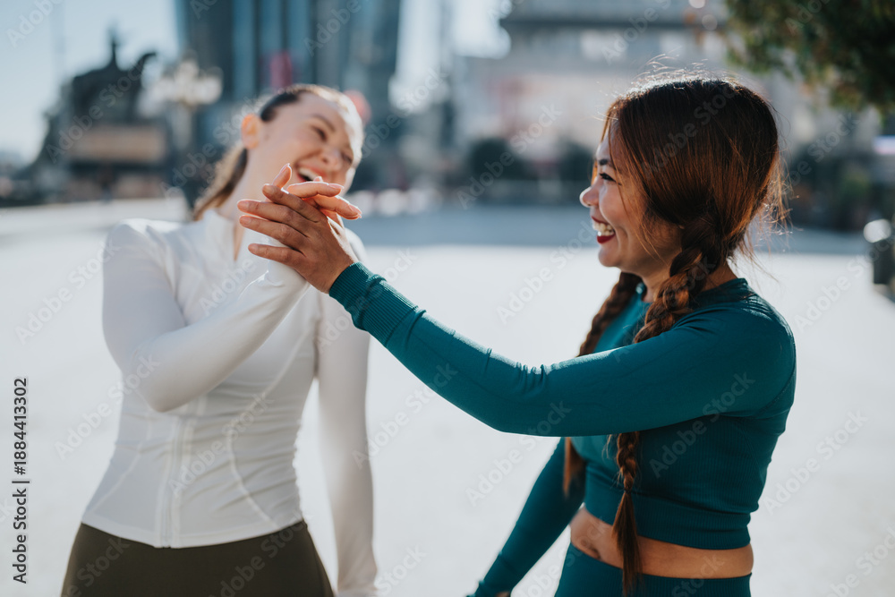 Fototapeta premium Two women in athletic outfits share a high-five on a sunny city street. They smile and celebrate friendship and teamwork in an urban, outdoor scene.