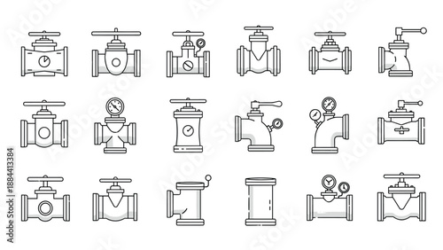 Collection of various industrial pipe valve icons including gate, globe, ball, and check valves with pressure gauges.