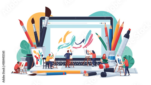 Imaginative illustration of tiny artists painting creative masterpieces on a large digital laptop screen surrounded by art supplies.