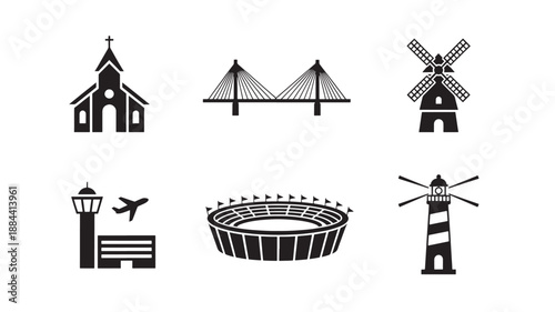 Diverse landmark silhouettes including church bridge windmill stadium on transparent background