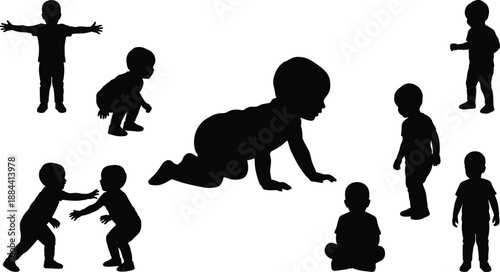 Baby and Toddler Silhouettes Collection Showing Crawling Standing Walking and Playing Children for Early Childhood Development, Parenting, Family Life and Growth Concept Illustration