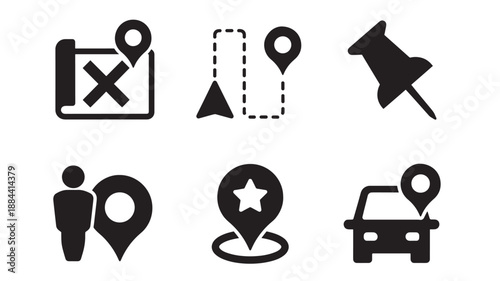Navigation icons set including map markers and location on transparent background silhouette