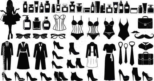 Black fashion and shopping silhouettes collection featuring woman, cosmetics, perfume, lingerie, clothing, shoes and accessories isolated on white background for retail, beauty