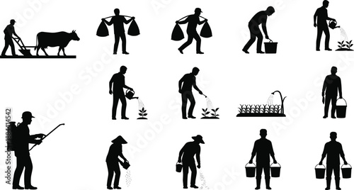 Agriculture and Farming Silhouette Set Showing Farmers Plowing, Carrying Harvest, Watering Crops, Spraying Plants, and Performing Rural Farm Work Activities Isolated on White Background