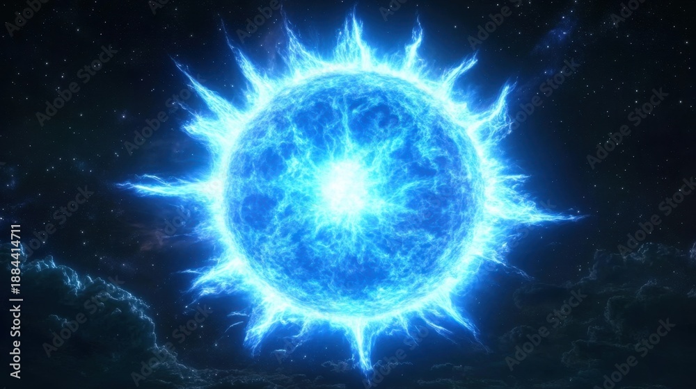 Obraz premium A bright blue star with glowing plasma tendrils radiating energy in a dark cosmic expanse