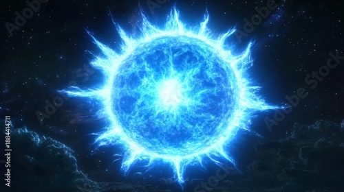 A bright blue star with glowing plasma tendrils radiating energy in a dark cosmic expanse