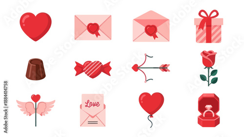 Valentine's Day Icons: Hearts, Gifts, Envelopes, Rose, Ring, Candy, Cupid's Arrow