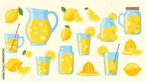 Refreshing summer drinks set featuring pitchers and glasses of lemonade with fresh citrus fruits and ice on a light background.