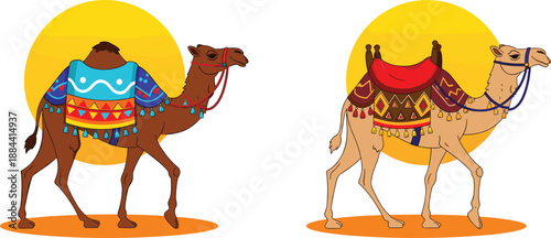 Two cartoon dromedary camels with decorative saddles and yellow sun backgrounds animal