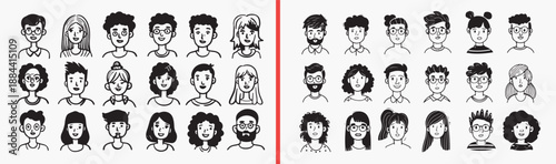 Family Portrait Faces Illustration Set, Hand Drawn Character Collection Art, Diverse People Sketch Design Vector, Cute Cartoon Family Clipart Bundle, Simple Face Doodle Graphics Stock, Minimalist Char