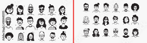 Family Portrait Faces Illustration Set, Hand Drawn Character Collection Art, Diverse People Sketch Design Vector, Cute Cartoon Family Clipart Bundle, Simple Face Doodle Graphics Stock, Minimalist Char