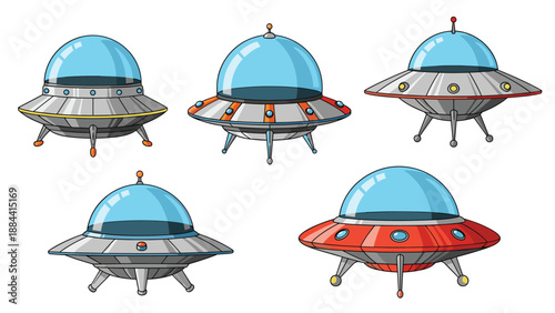 Retro styled unidentified flying objects set featuring various metallic spacecraft designs with glass domes isolated on white background.