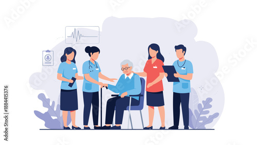 Group of caring medical professionals in blue scrubs attending to a senior man in a wheelchair to provide high quality geriatric healthcare.
