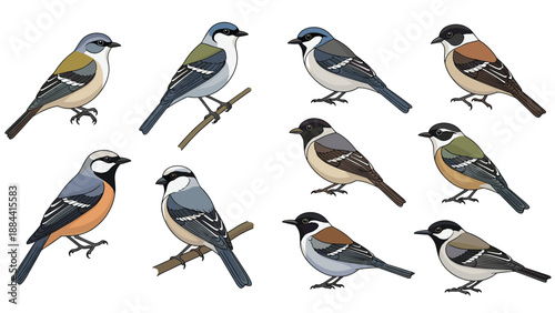 Songbird illustration set featuring ten different small bird species perched on branches showing various colorful plumage patterns and details.