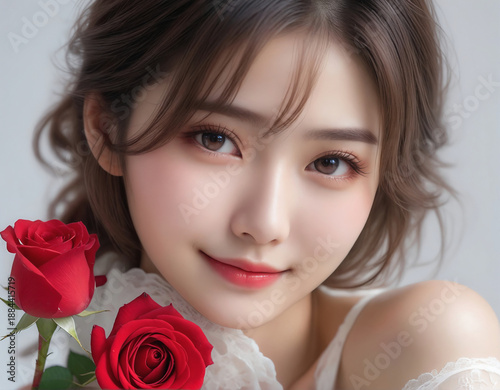 Beauty portrait of a beautiful young woman. Beautiful natural face, beauty image, red rose flower.美しい若い女性の美容ポートレート。美しい素顔、美容イメージ、赤い薔薇の花。