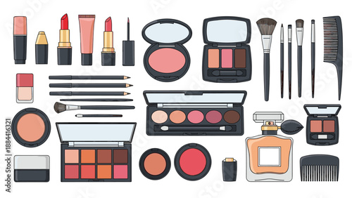 Comprehensive makeup and cosmetics collection featuring lipsticks, brushes, eyeshadow palettes, and perfume bottles in a flat vector style.