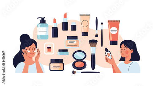 Beauty routine illustration with two young women applying skincare products surrounded by various creams, lotions, and makeup application tools.