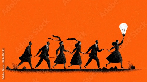 Group of professionally dressed individuals following a leader holding a bright illuminating symbol against a vibrant background