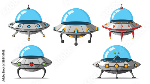 Futuristic flying saucers set featuring five different metallic UFO designs with glowing lights and glass domes for science fiction concepts.