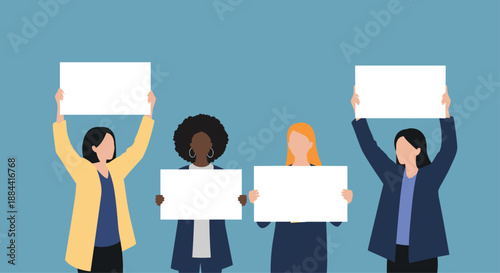 Group of four diverse women holding blank white signs, a powerful visual for protests, activism, and messages of female empowerment.
