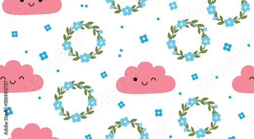 Seamless nursery pattern with adorable winking pink clouds and pretty blue floral wreaths on a clean white background for a sweet design.