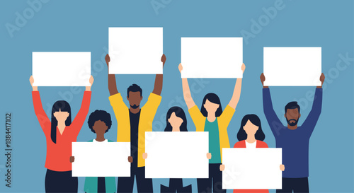 Diverse group of multicultural people standing together and holding up blank white signs, representing a protest, rally, or social movement.