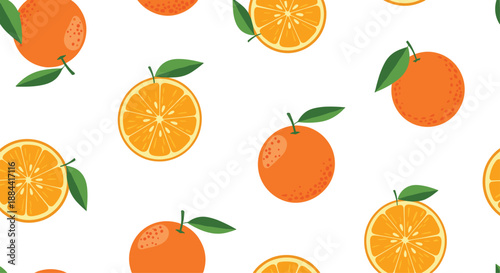 Bright and fruity seamless pattern of whole oranges and juicy orange slices with green leaves scattered across a clean white background.