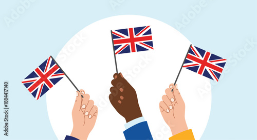 Patriotic illustration of three diverse hands holding and waving small United Kingdom flags, celebrating a national holiday or event.
