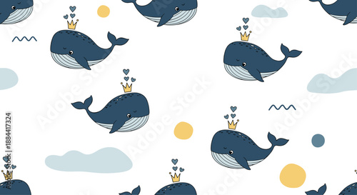 Cute seamless nursery pattern with adorable blue whales wearing royal crowns, surrounded by clouds and dots on a white background.