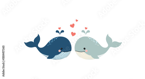 Adorable illustration of two cute whales in love, a blue one and a grey one, with pink hearts floating between them, isolated on white.