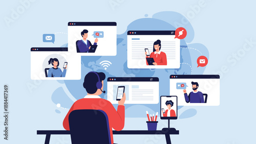 Remote worker manages multiple video conferences simultaneously from a home office with various participants on screen.