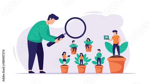 Giant human character uses a magnifying glass to observe small office workers sitting in potted plants as a metaphor.