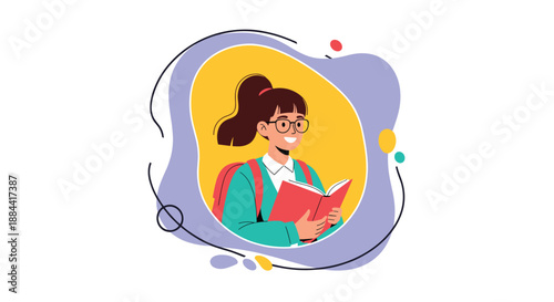 Happy schoolgirl with glasses and a backpack reading a book, featured in a colorful, abstract, modern-style frame, isolated on white.