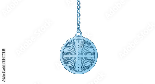 Simple line art illustration of a round, metal tea infuser ball hanging from a chain, a tool for brewing loose leaf tea, on white.