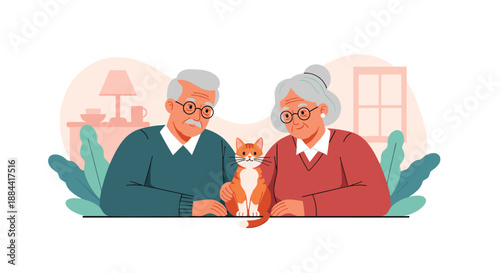 Heartwarming illustration of a happy elderly couple sitting together and petting their cute ginger cat in a cozy home interior.
