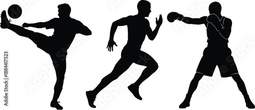 Sports action silhouettes set featuring martial arts kick runner sprint and boxer punch poses isolated on white background vector illustration