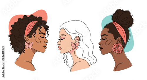 Elegant line art portraits of diverse women in profile, showcasing different ethnicities with abstract shapes and modern style.