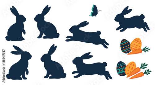 Festive collection of dark blue Easter bunny silhouettes in various poses, alongside decorated eggs, carrots, and a butterfly.