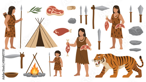 Historical scene elements featuring stone age people, mammoth meat, primitive weapons, and a saber-toothed tiger.
