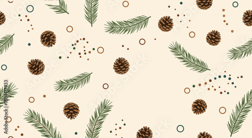 Elegant seamless winter pattern featuring hand-drawn pine cones and evergreen branches on a light cream background for a rustic holiday feel.