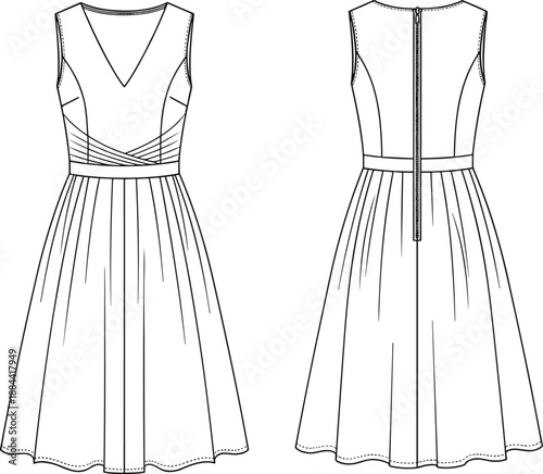 Women sleeveless midi dress technical fashion sketch front and back view elegant fitted apparel template vector illustration for clothing design