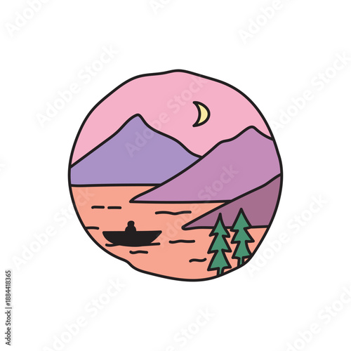 Minimalist Mountain Lake Night Landscape Illustration